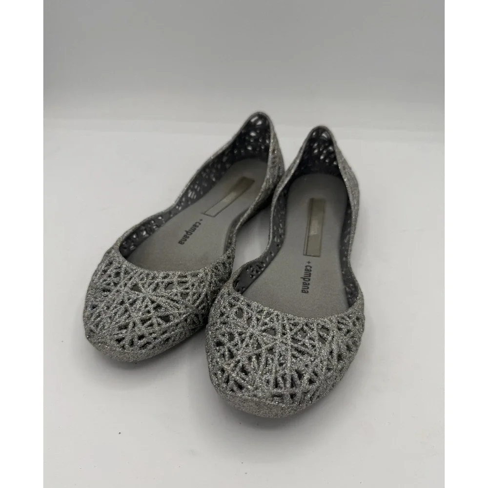 MELISSA CAMPANA ZIG ZAG IV SILVER GLITTER SLIPPERS GIRLS SIZE 2